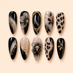 Black Gold Floral Leopard 3D Press On Nails — image 1