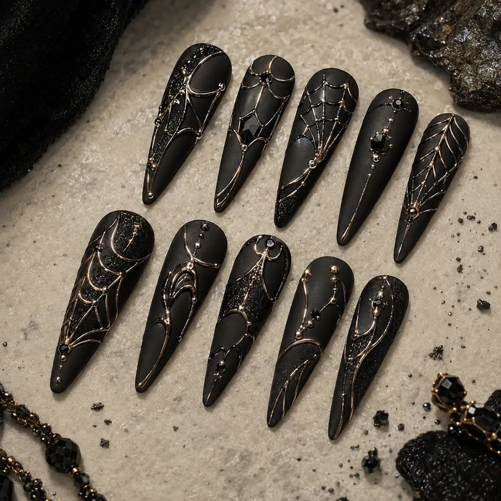 Black Gold Spiderweb Rhinestone Press On Nails — image 2