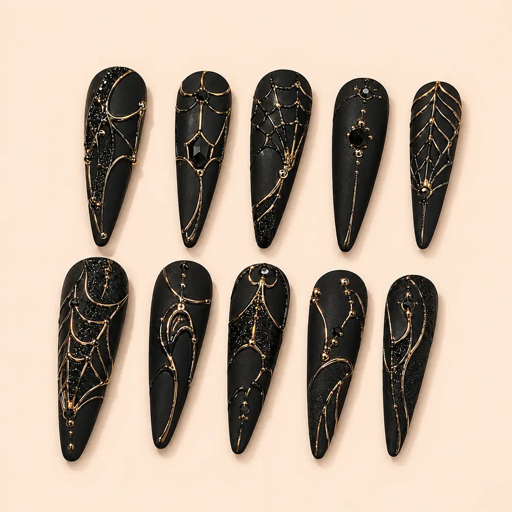 Black Gold Spiderweb Rhinestone Press On Nails — image 1