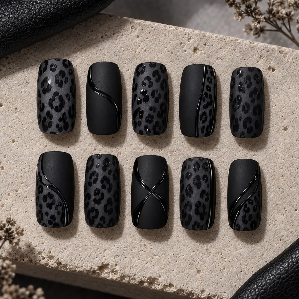 Black Leopard Wave 3D Press On Nails — image 2