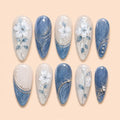 Blue Botanical Blossom 3D Rhinestone Press On Nails — image 1