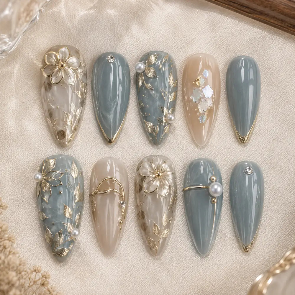 Blue Botanical Pearl 3D Press On Nails — image 2