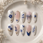 Blue Floral Bow Pearl 3D Press On Nails — image 2