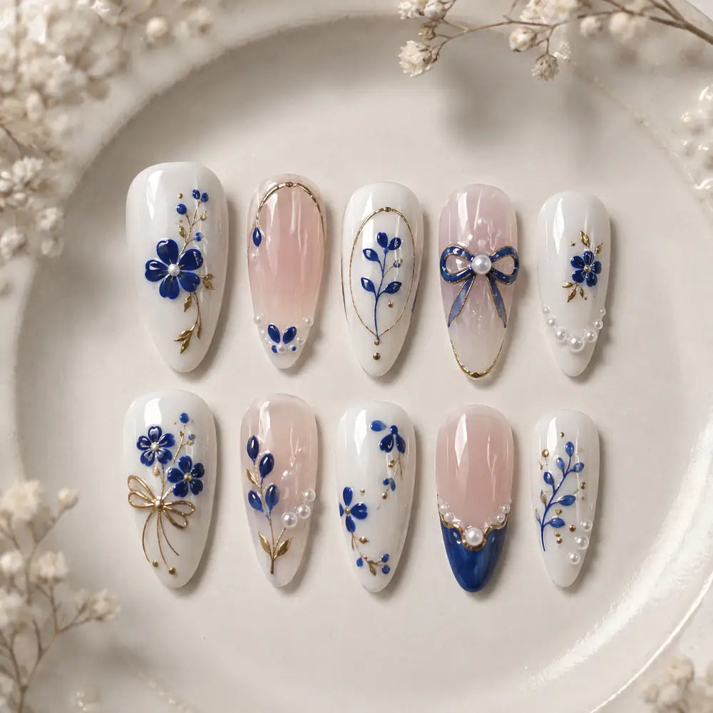 Blue Floral Bow Pearl 3D Press On Nails — image 2