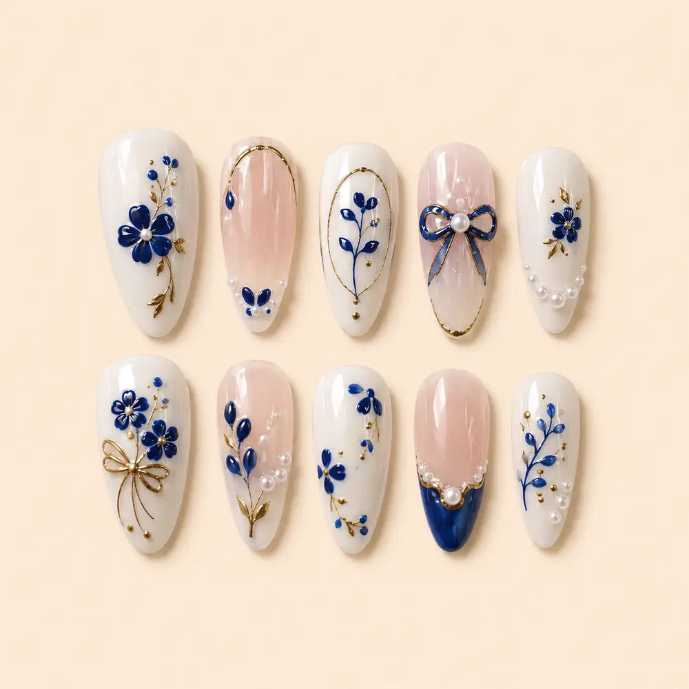Blue Floral Bow Pearl 3D Press On Nails — image 1