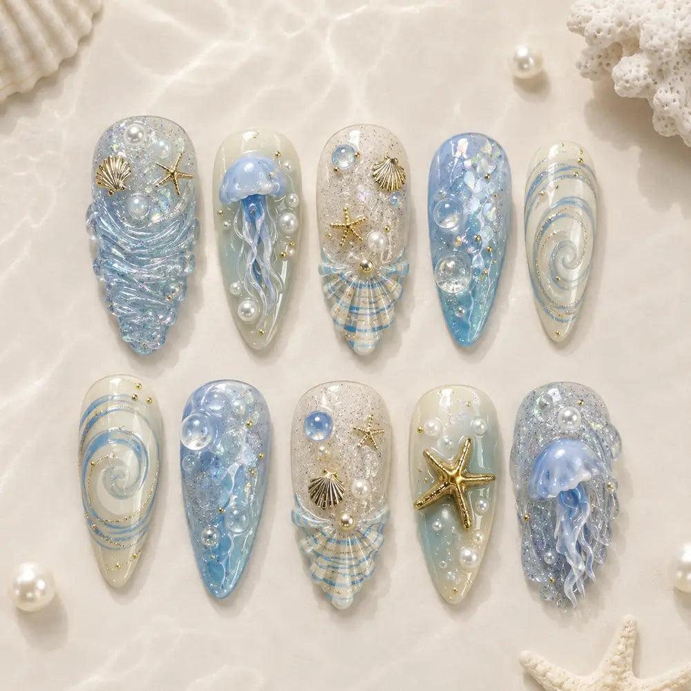 Blue Jellyfish & Seashell 3D Press On Nails — image 2