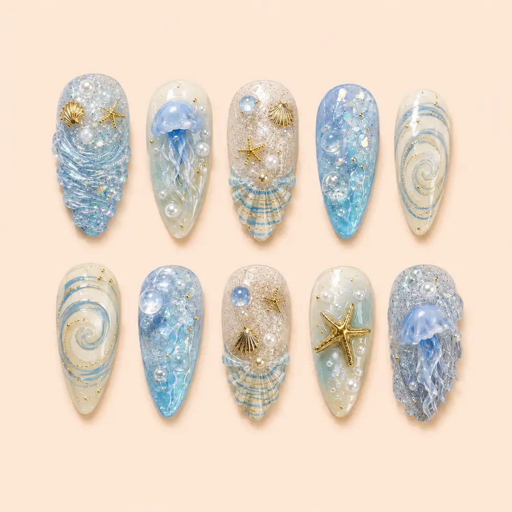 Blue Jellyfish & Seashell 3D Press On Nails — image 1