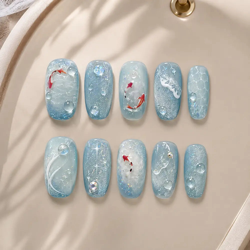 Blue Koi Pond Glitter Press On Nails — image 2