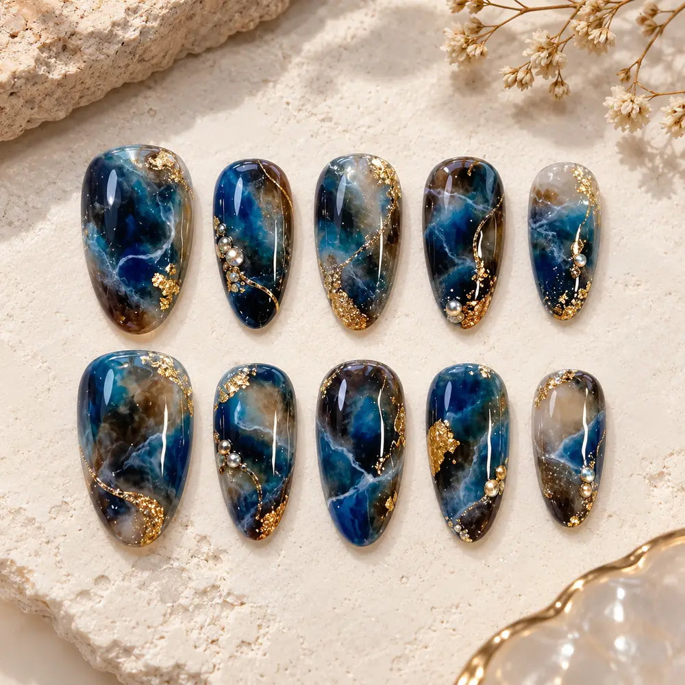 Blue Tide Gold Vein Marble Press On Nails — image 2