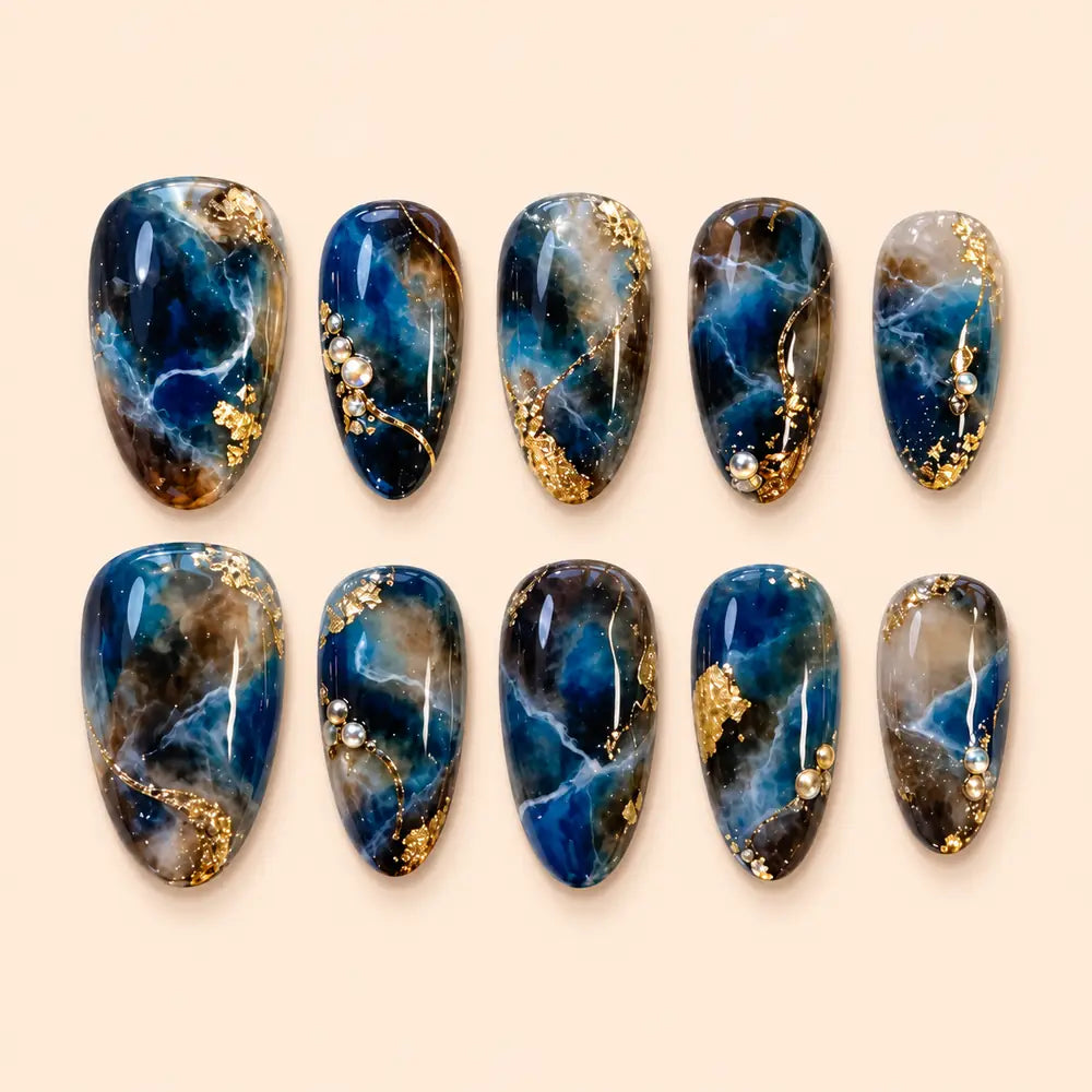 Blue Tide Gold Vein Marble Press On Nails — image 1