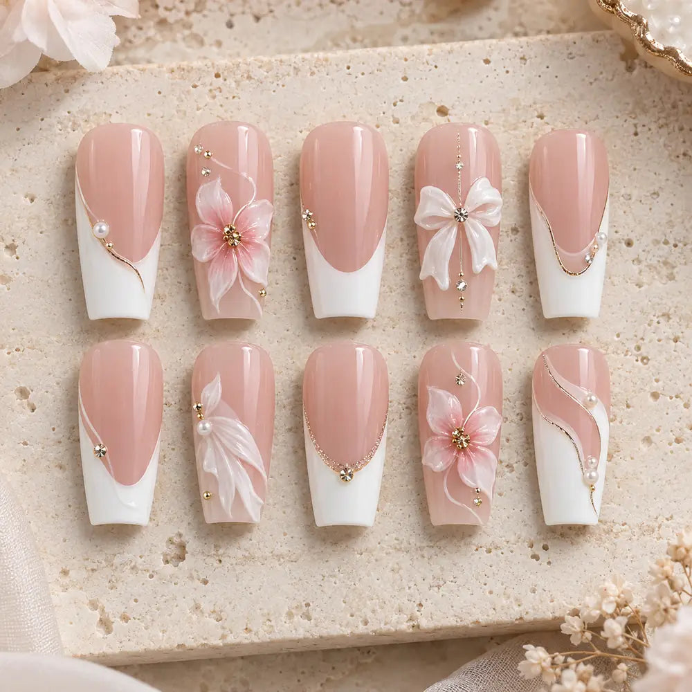 Blush Blossom Bow French Tip Press On Nails — image 2