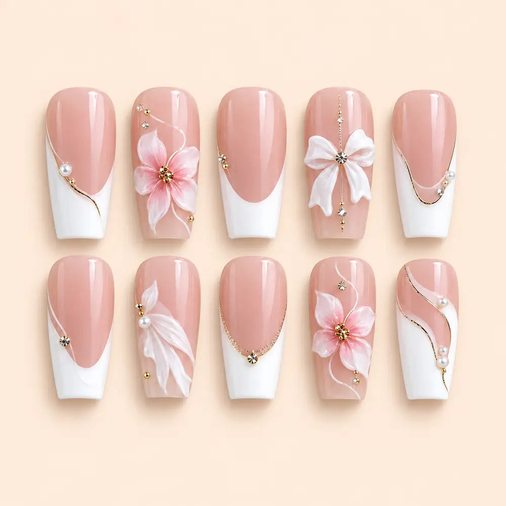 Blush Blossom Bow French Tip Press On Nails — image 1