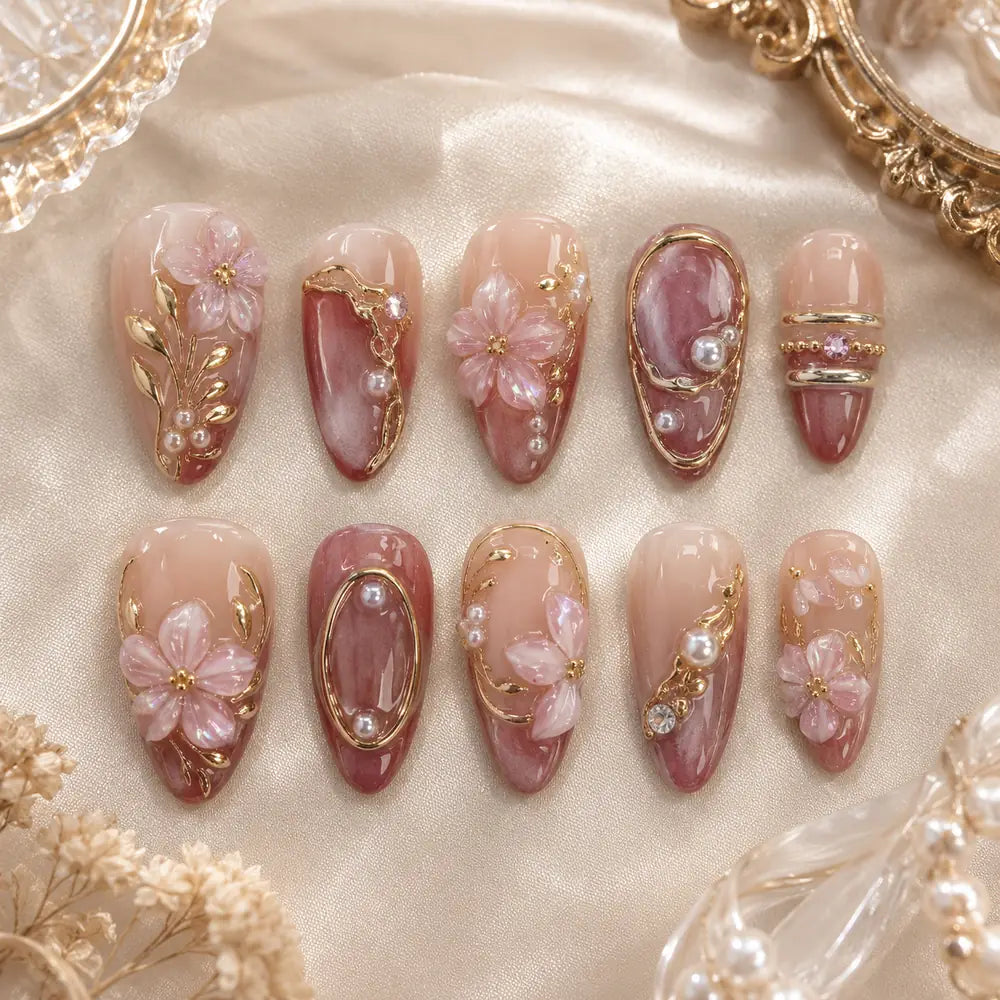 Blush Blossom Marble 3D Press On Nails — image 2