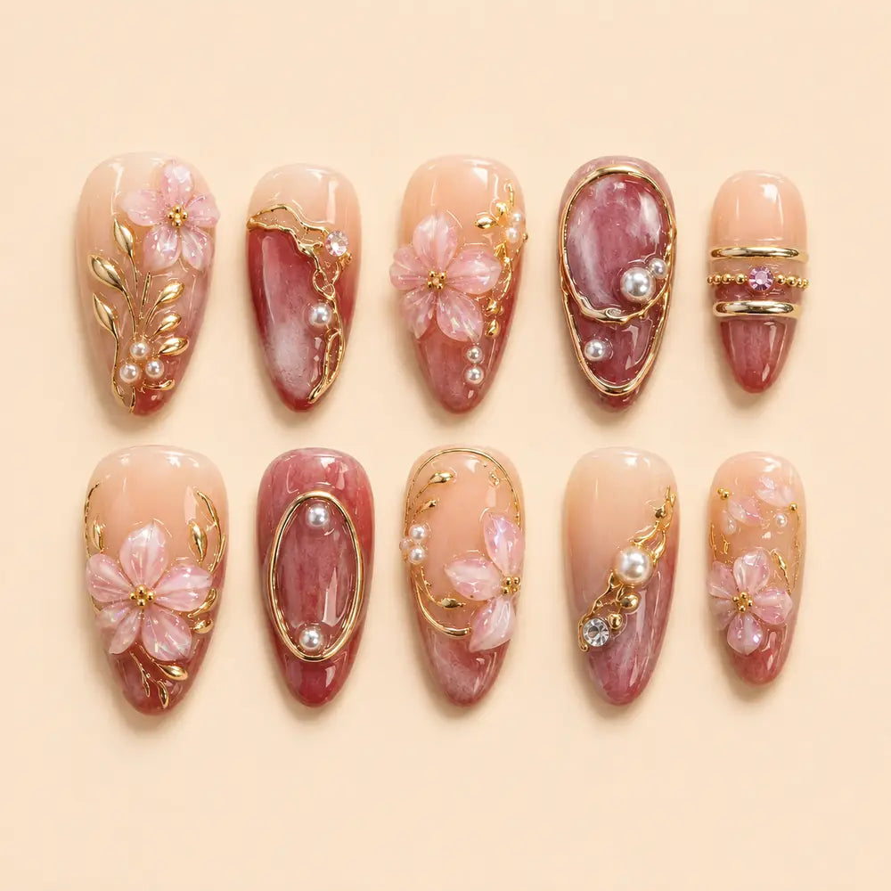 Blush Blossom Marble 3D Press On Nails — image 1
