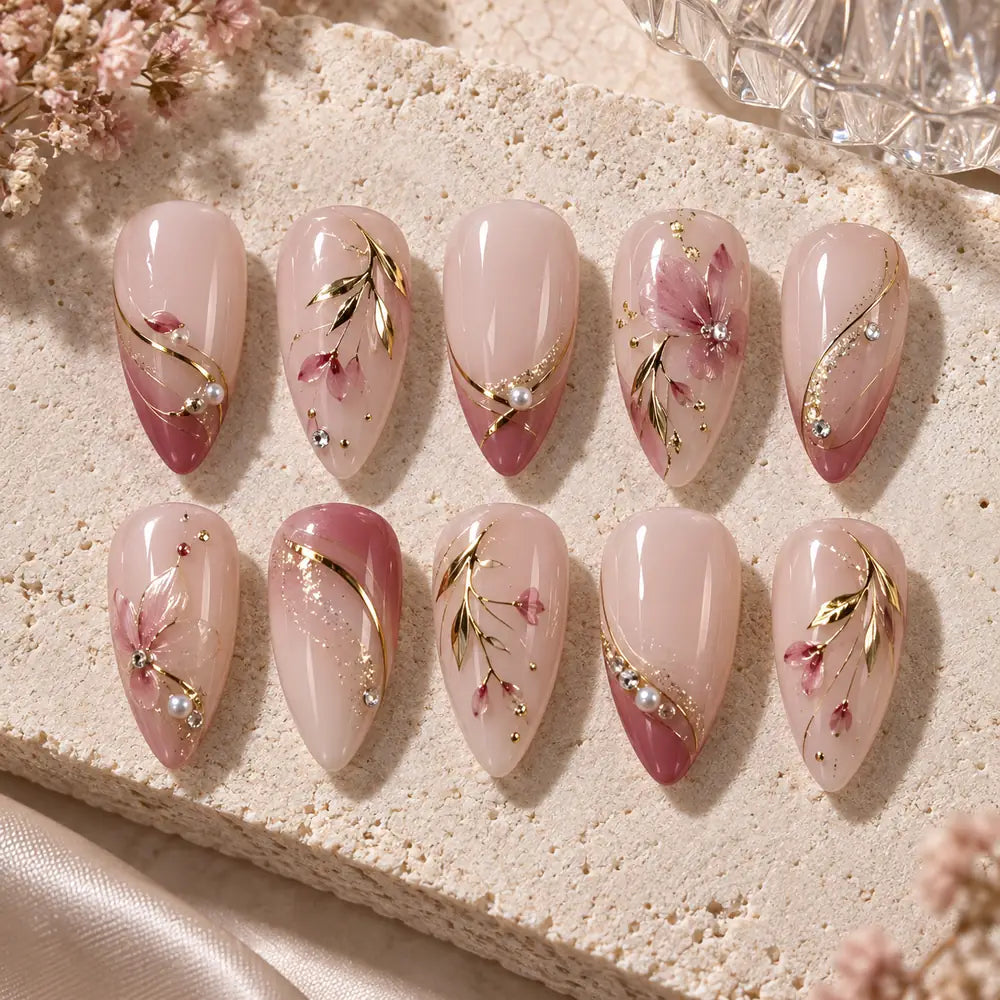 Blush Botanical Gold Leaf French Tip Press On Nails — image 2