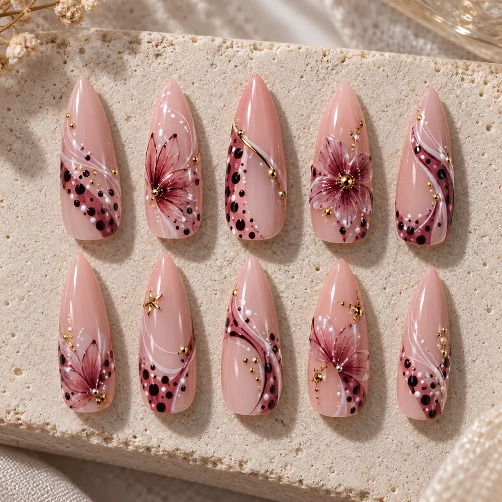 Blush Burgundy 3D Floral Press On Nails — image 2