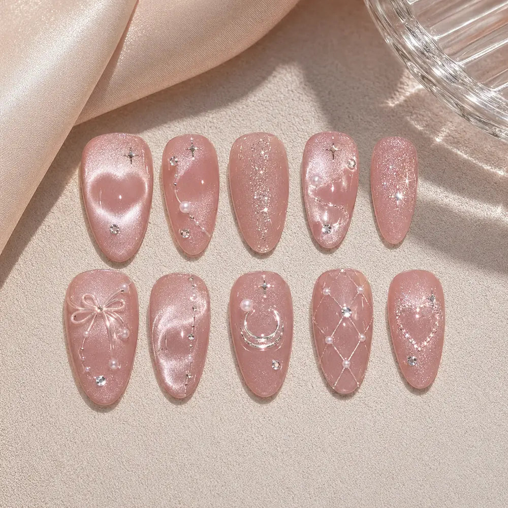 Blush Celestial Moon & Bow Cat Eye Press On Nails — image 2
