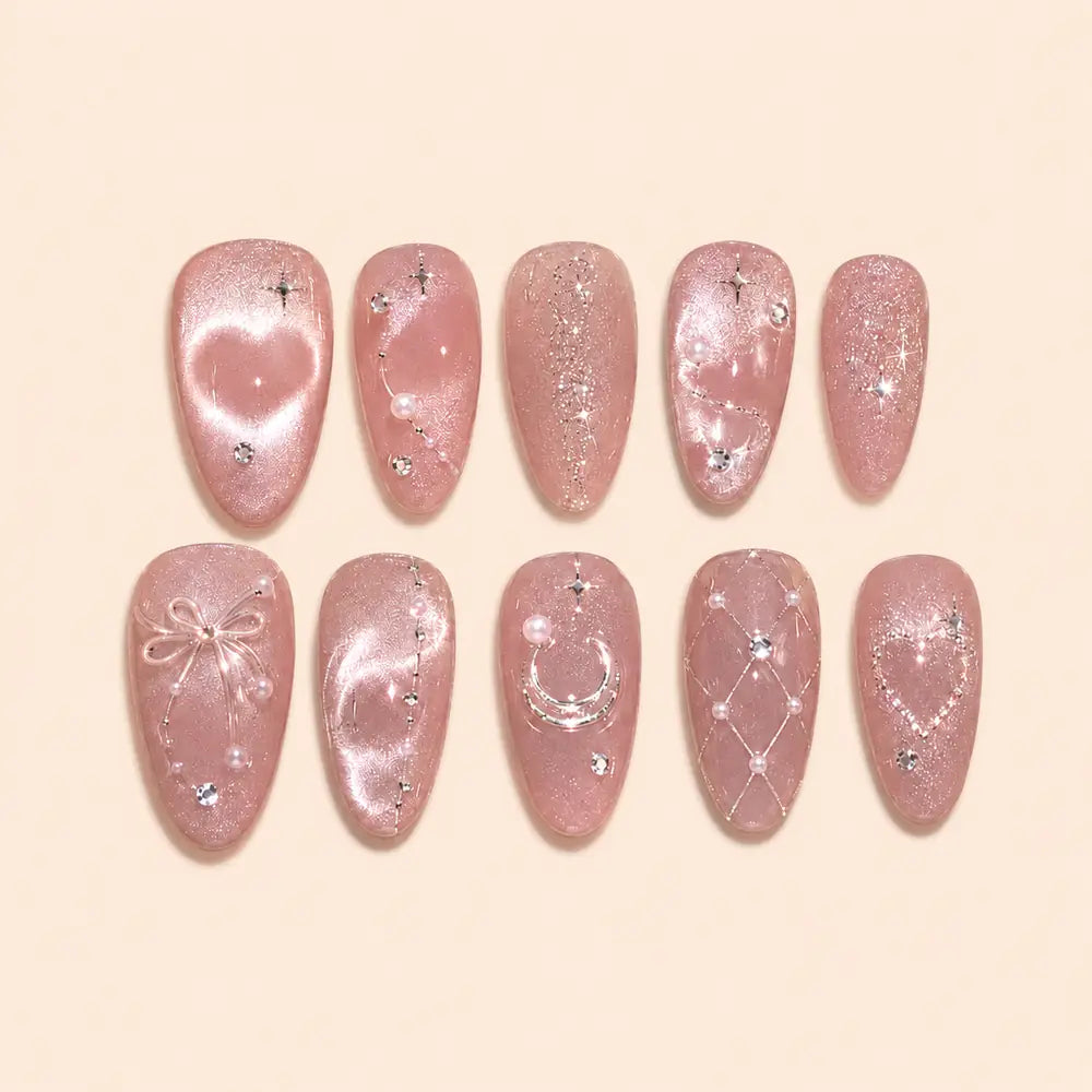 Blush Celestial Moon & Bow Cat Eye Press On Nails — image 1