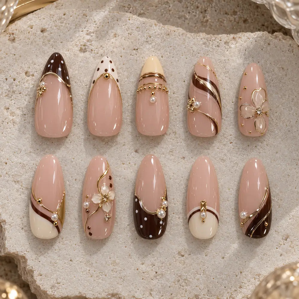 Blush Chocolate Floral Pearl 3D Press On Nails — image 2