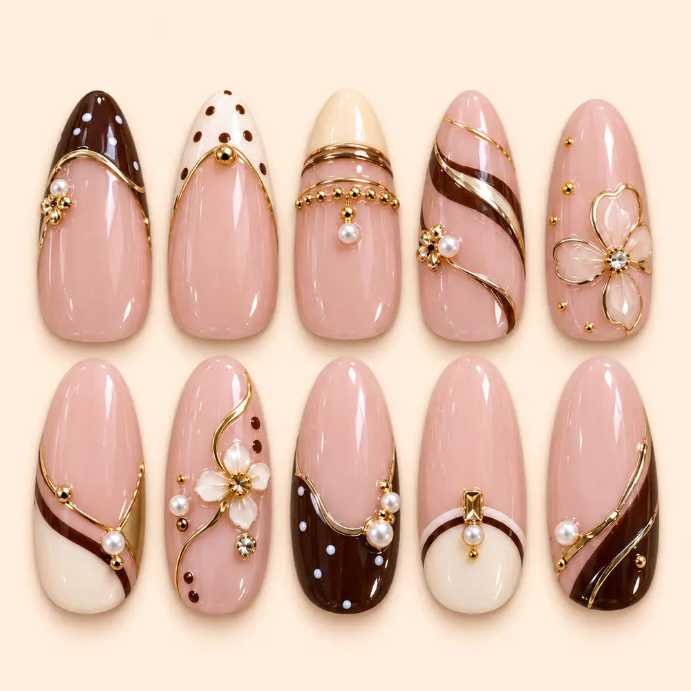 Blush Chocolate Floral Pearl 3D Press On Nails — image 1