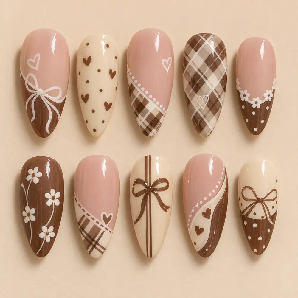 Blush Chocolate Plaid Bow Press On Nails — image 2