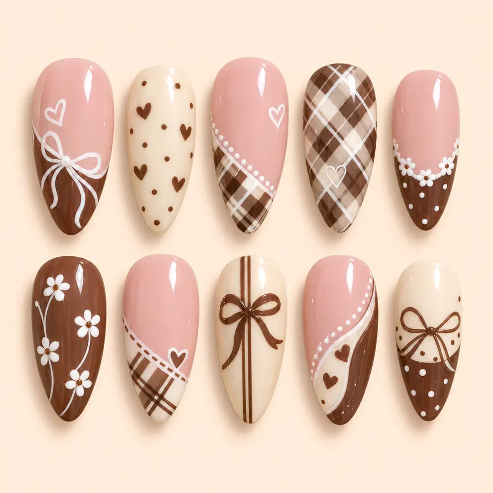 Blush Chocolate Plaid Bow Press On Nails — image 1