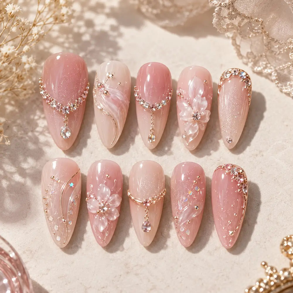 Blush Crystal Blossom 3D Press On Nails — image 2