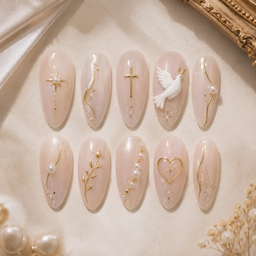 Blush Dove and Gold Cross Glitter Press On Nails — image 2