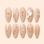 Blush Dove and Gold Cross Glitter Press On Nails — image 1