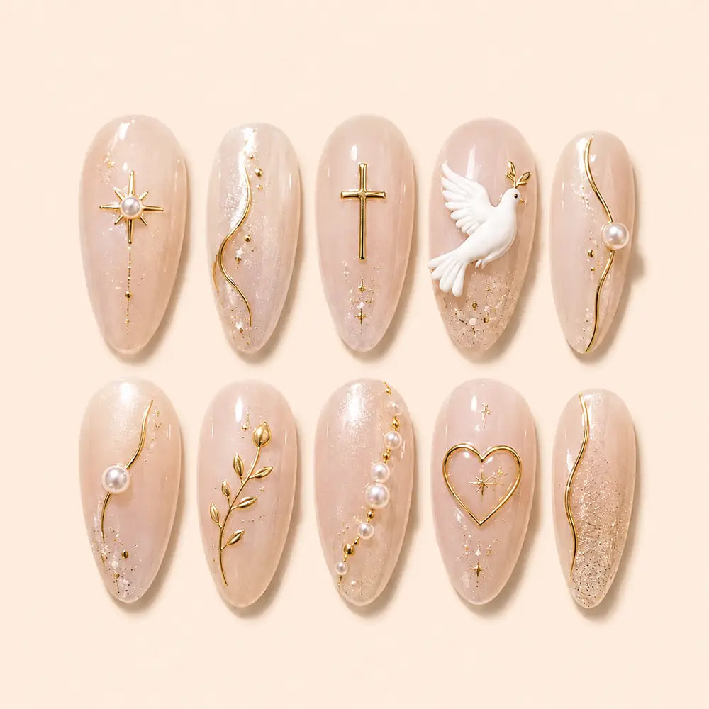 Blush Dove and Gold Cross Glitter Press On Nails — image 1