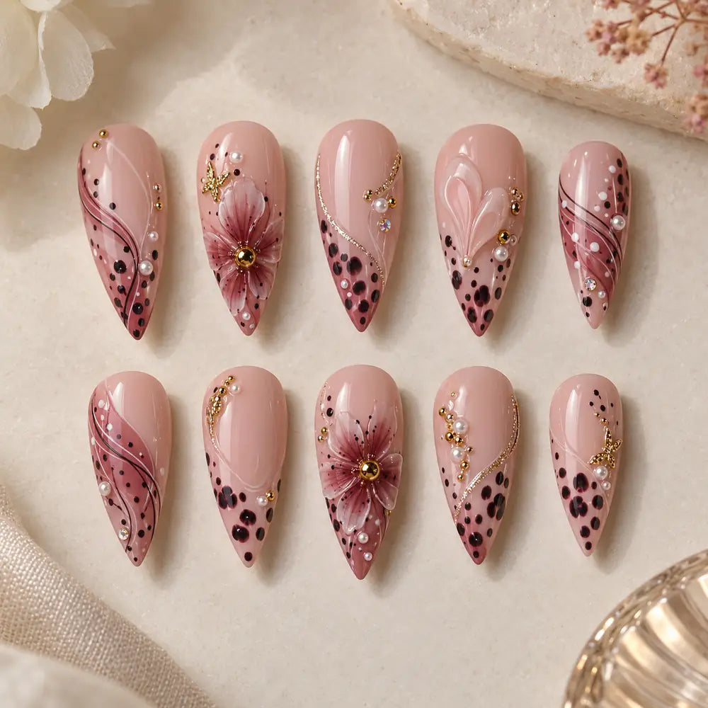 Blush Floral Butterfly 3D Stiletto Press On Nails — image 2