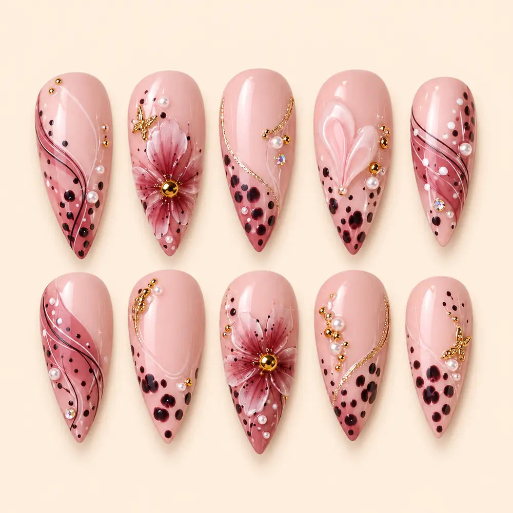 Blush Floral Butterfly 3D Stiletto Press On Nails — image 1