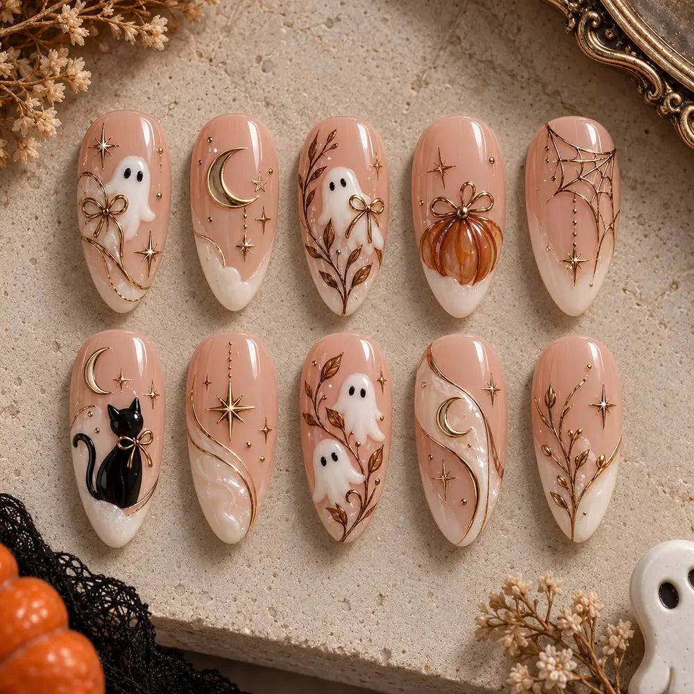 Blush Ghost and Black Cat Halloween 3D Press On Nails — image 2