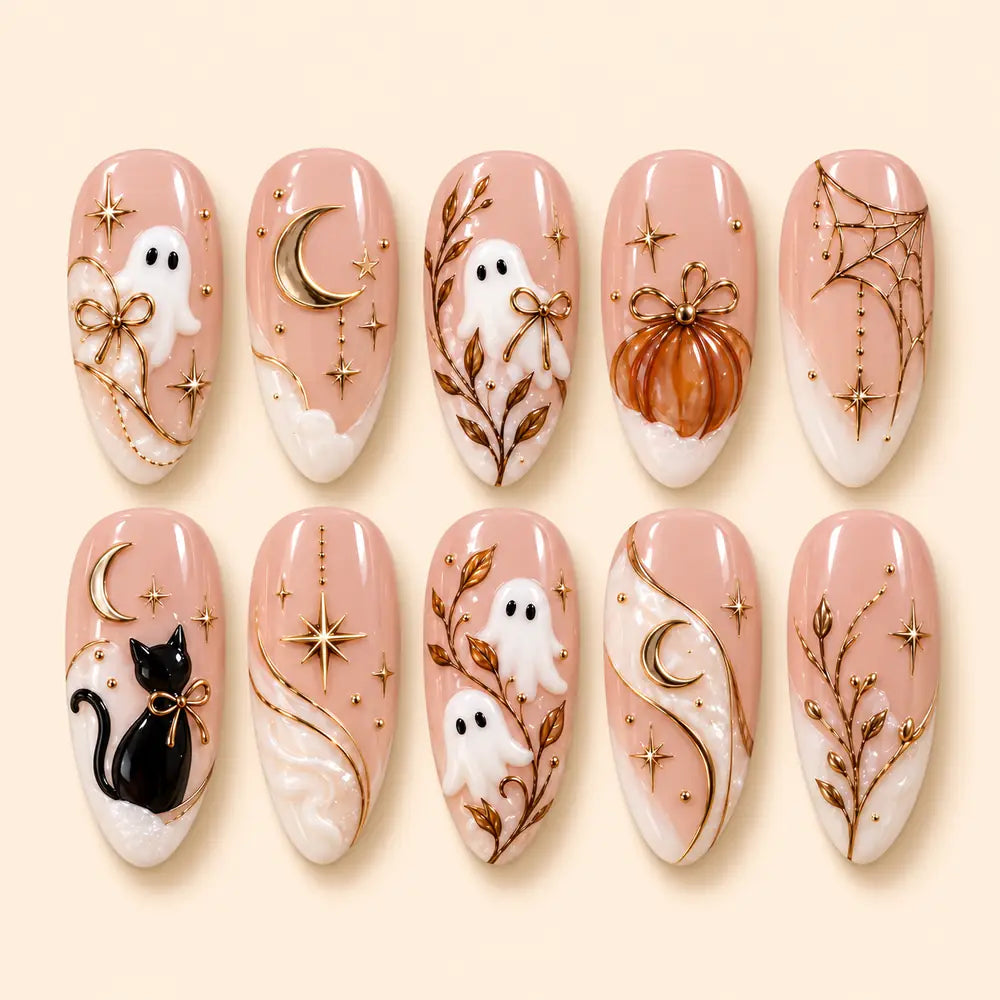 Blush Ghost and Black Cat Halloween 3D Press On Nails — image 1