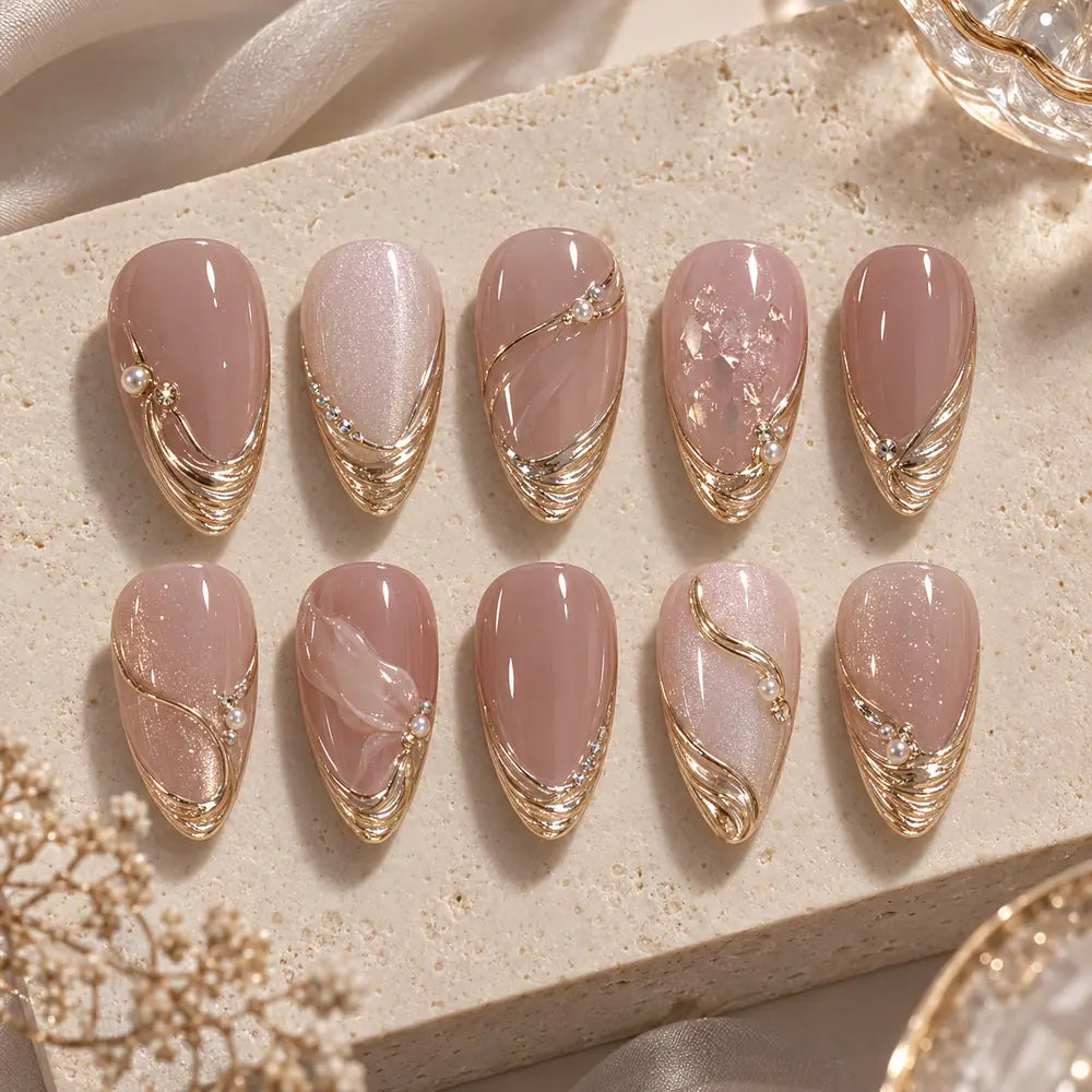 Blush Gold Drapery Pearl Press On Nails — image 2