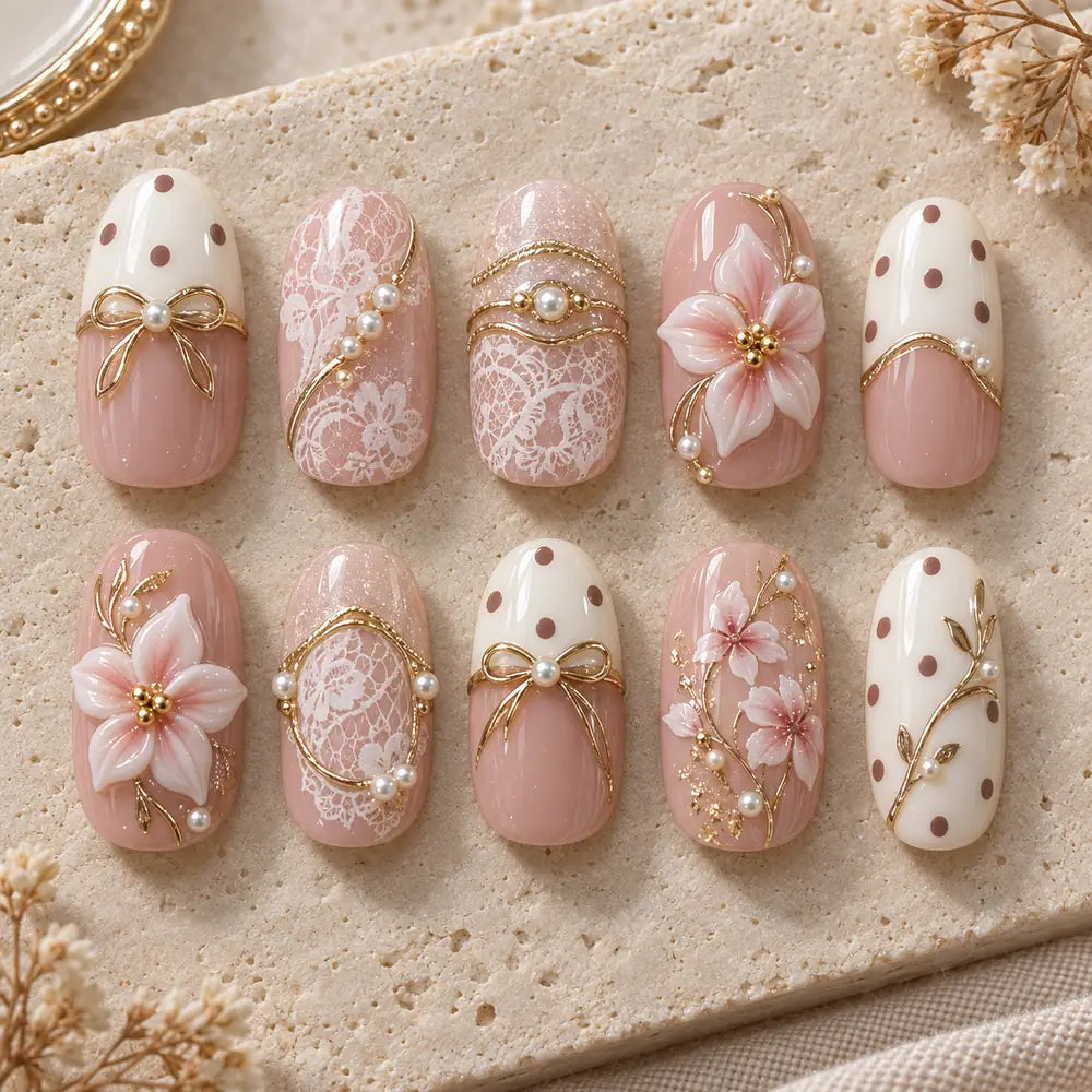 Blush Lace Garden Bow 3D Press On Nails — image 2