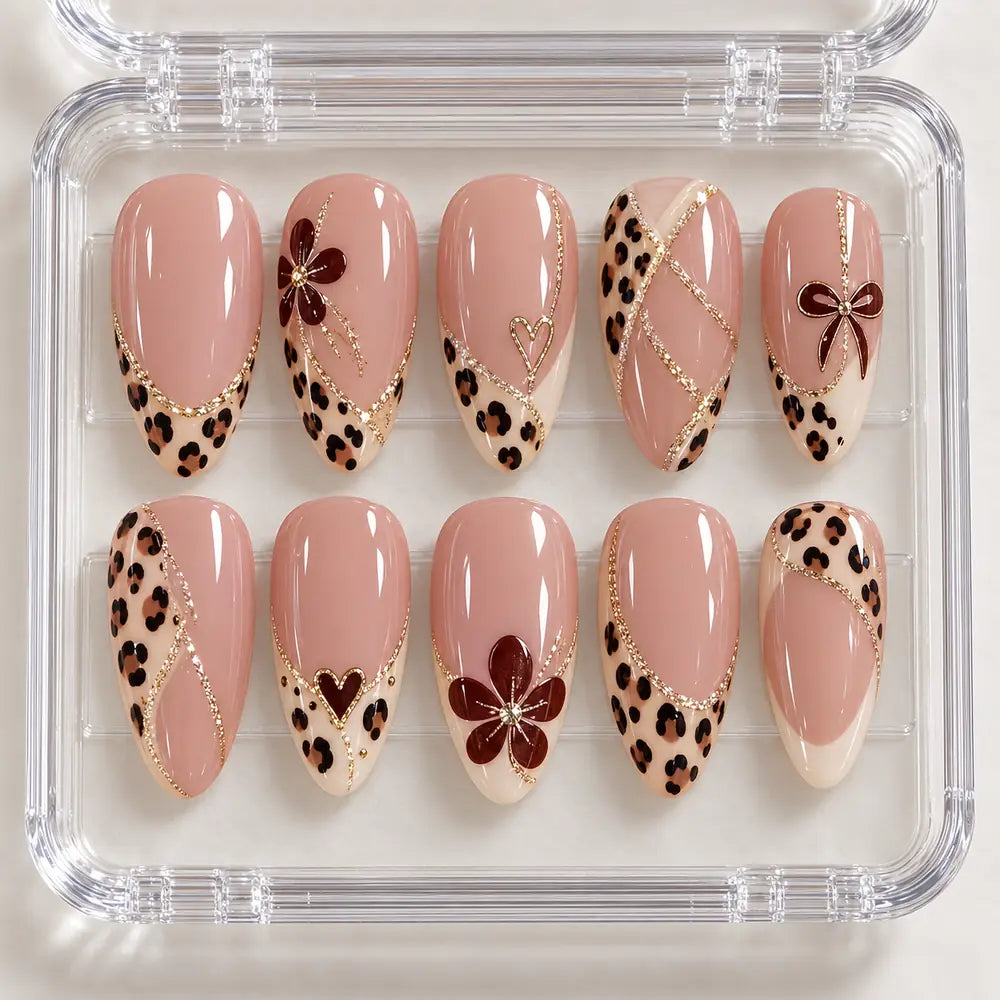 Blush Leopard Bow French Tip Press On Nails — image 2