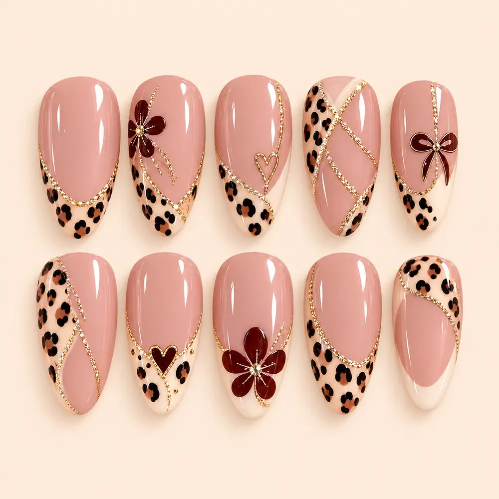 Blush Leopard Bow French Tip Press On Nails — image 1