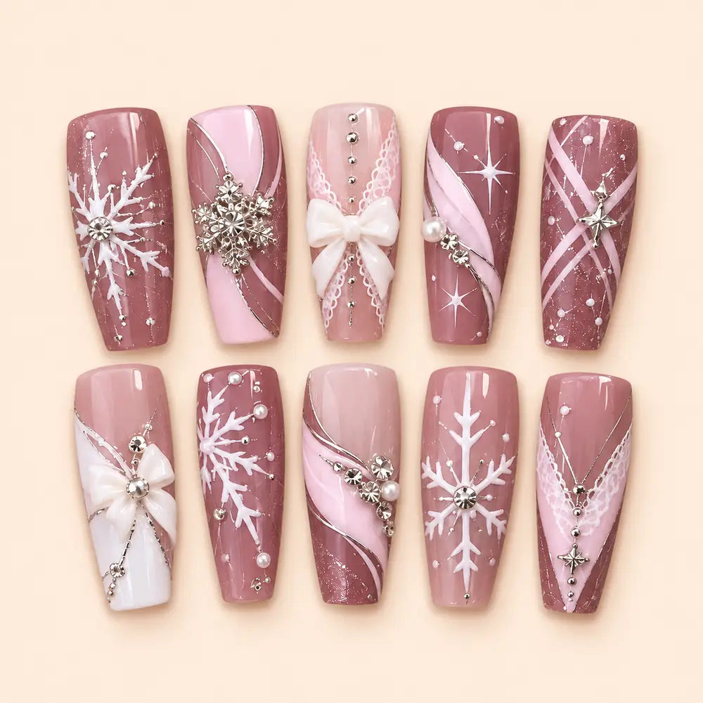Blush Pink Snowflake Bow Christmas Press On Nails — image 1