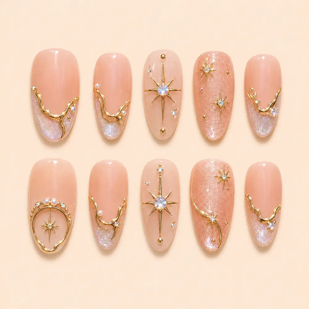 Blush Starburst Orbit Rhinestone Press On Nails — image 1