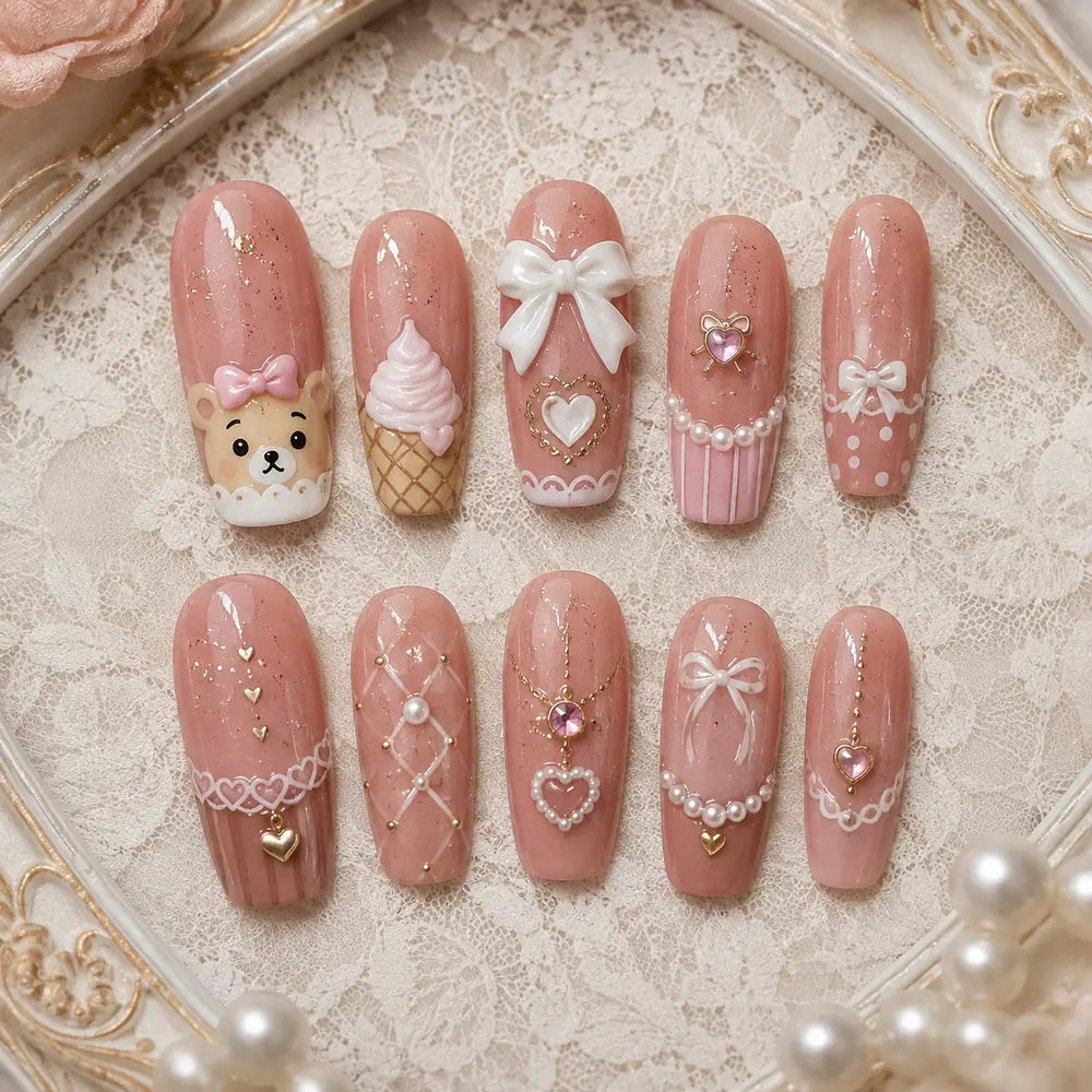 Blush Teddy Sundae Bow & Heart Press On Nails — image 2