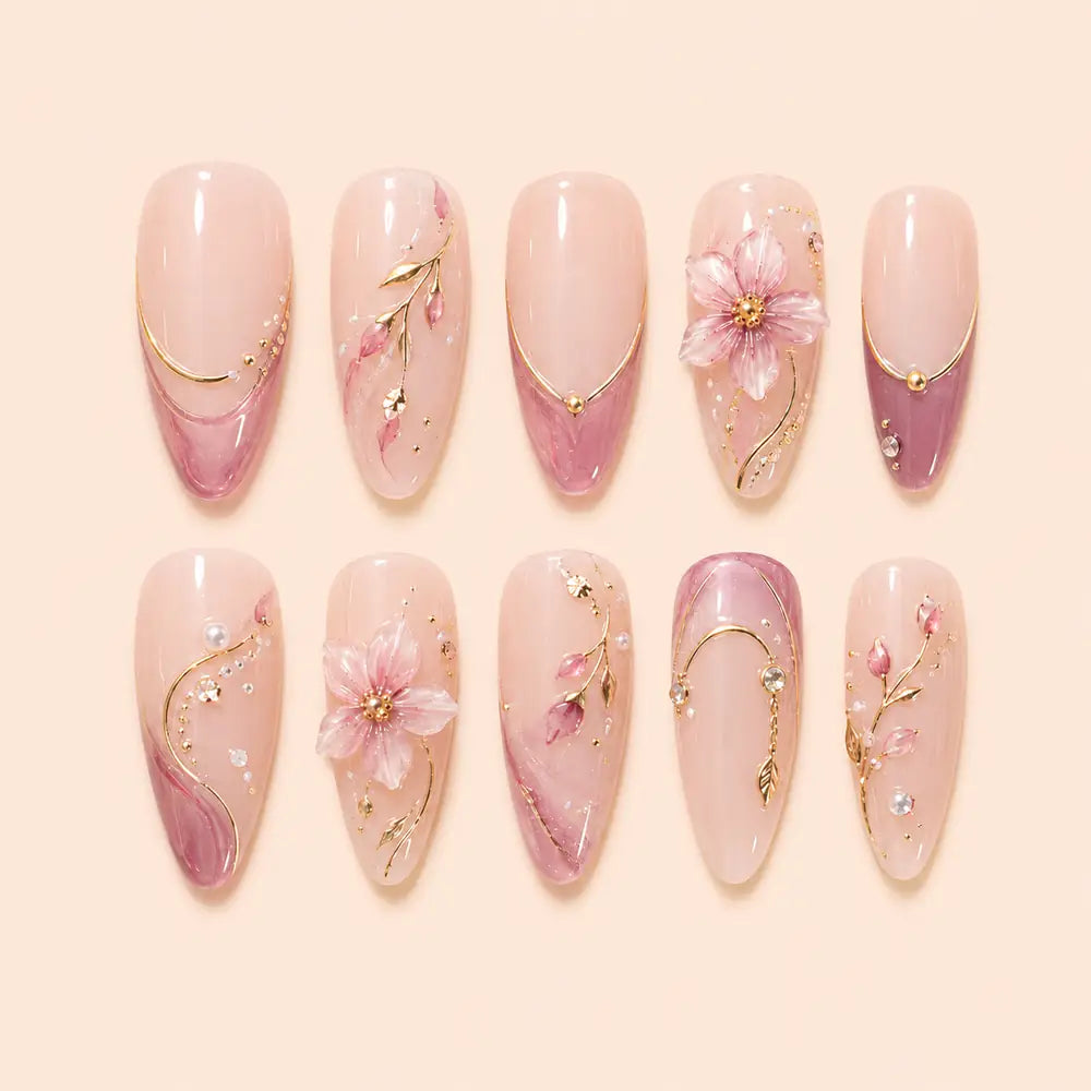 Blushing Botanical 3D Floral Rhinestone Press On Nails — image 1