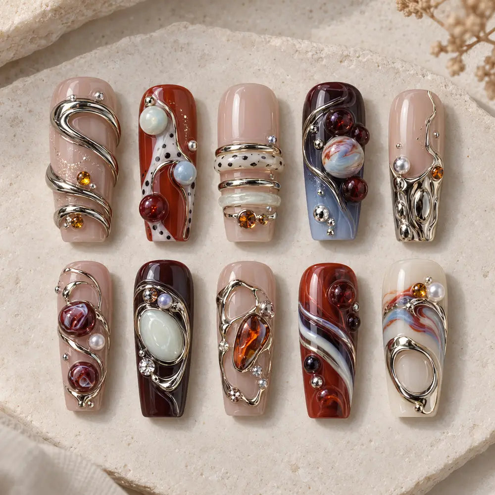 Boho Sculpted Orb Gem Coffin Press On Nails — image 2