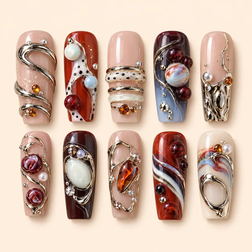 Boho Sculpted Orb Gem Coffin Press On Nails — image 1