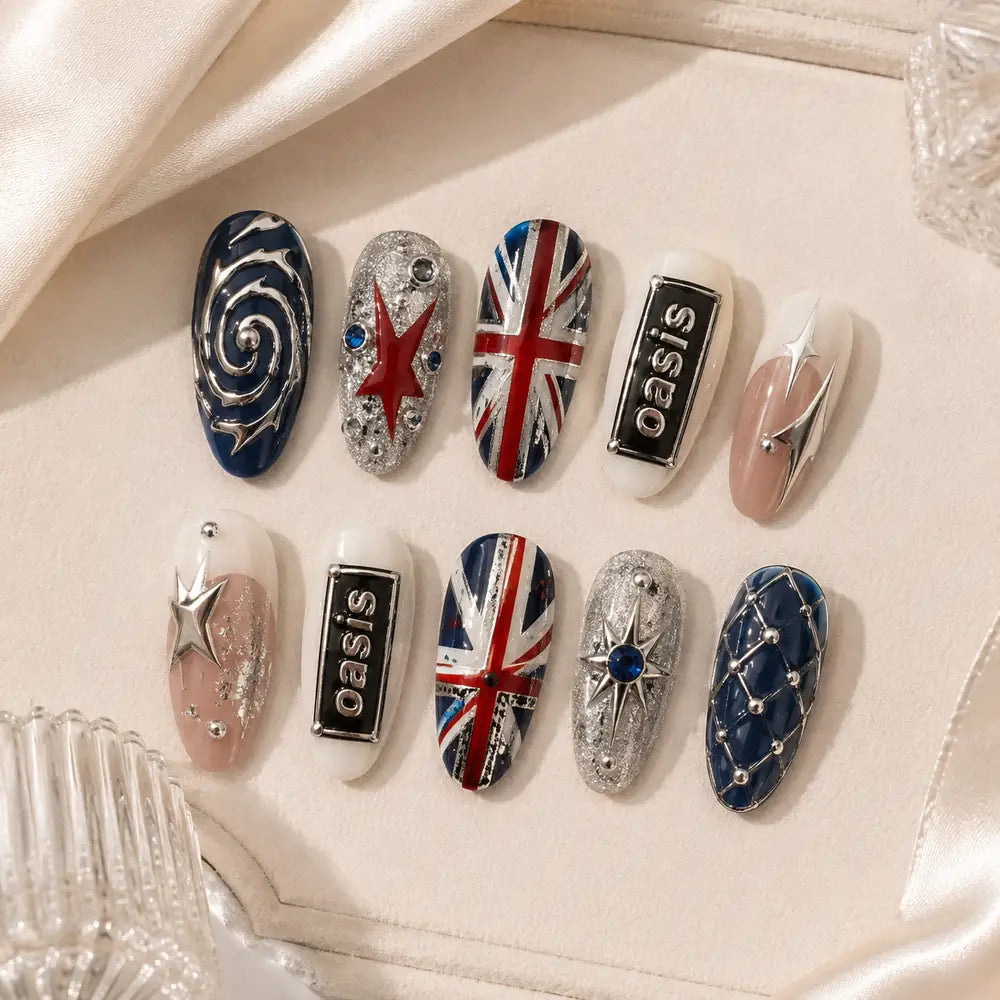 British Union Jack Star Rhinestone Press On Nails — image 2
