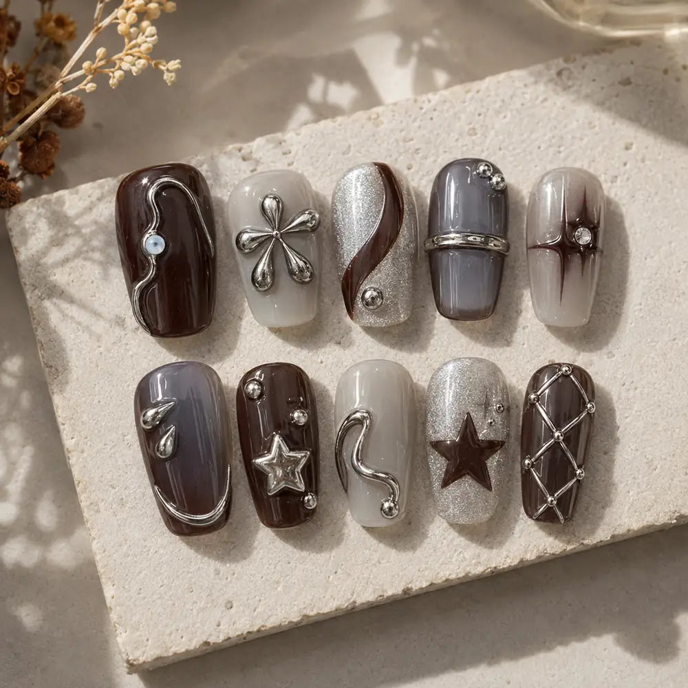 Brown Silver Star Lattice 3D Press On Nails — image 2