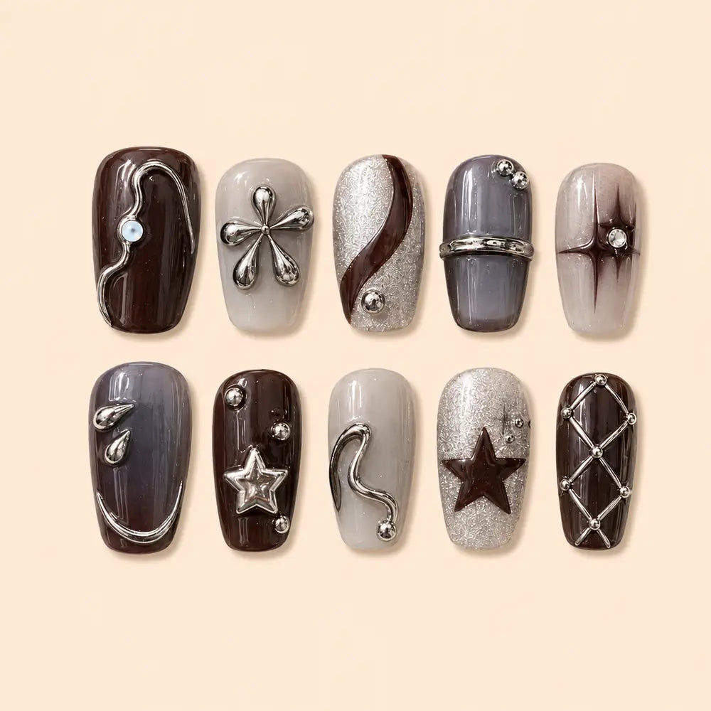Brown Silver Star Lattice 3D Press On Nails — image 1