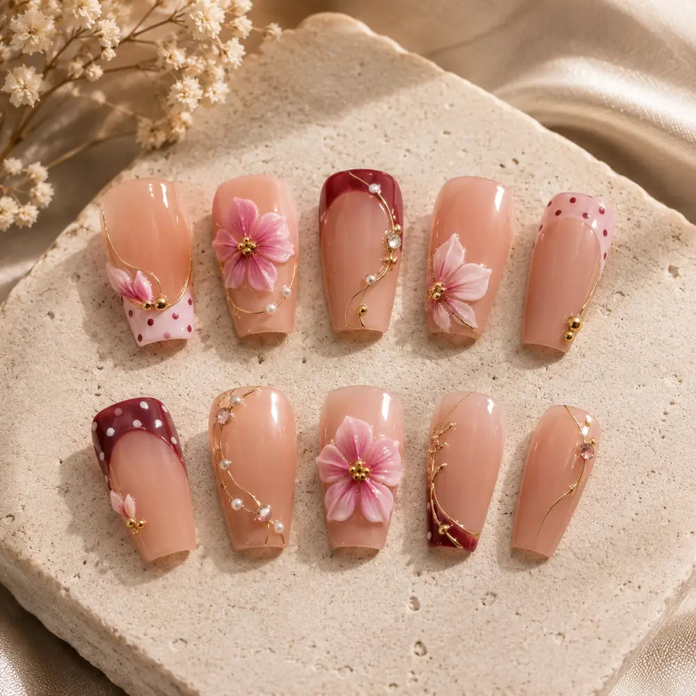 Burgundy Blossom Vine 3D French Tip Press On Nails — image 2