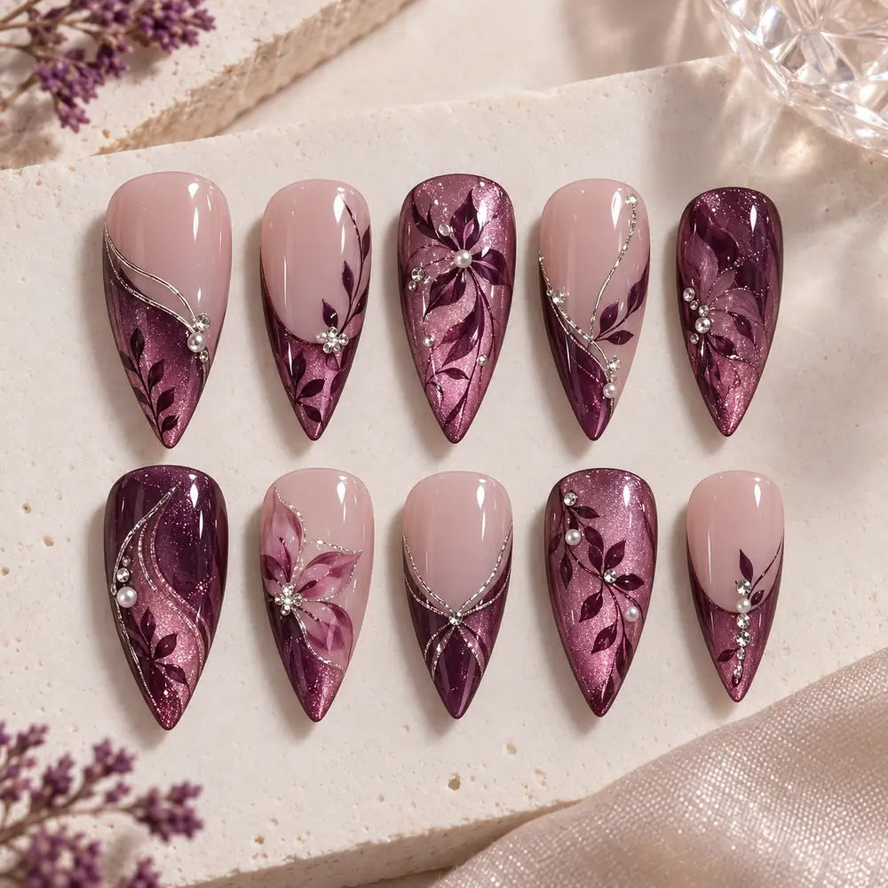 Burgundy Botanical Glitter Press On Nails — image 2