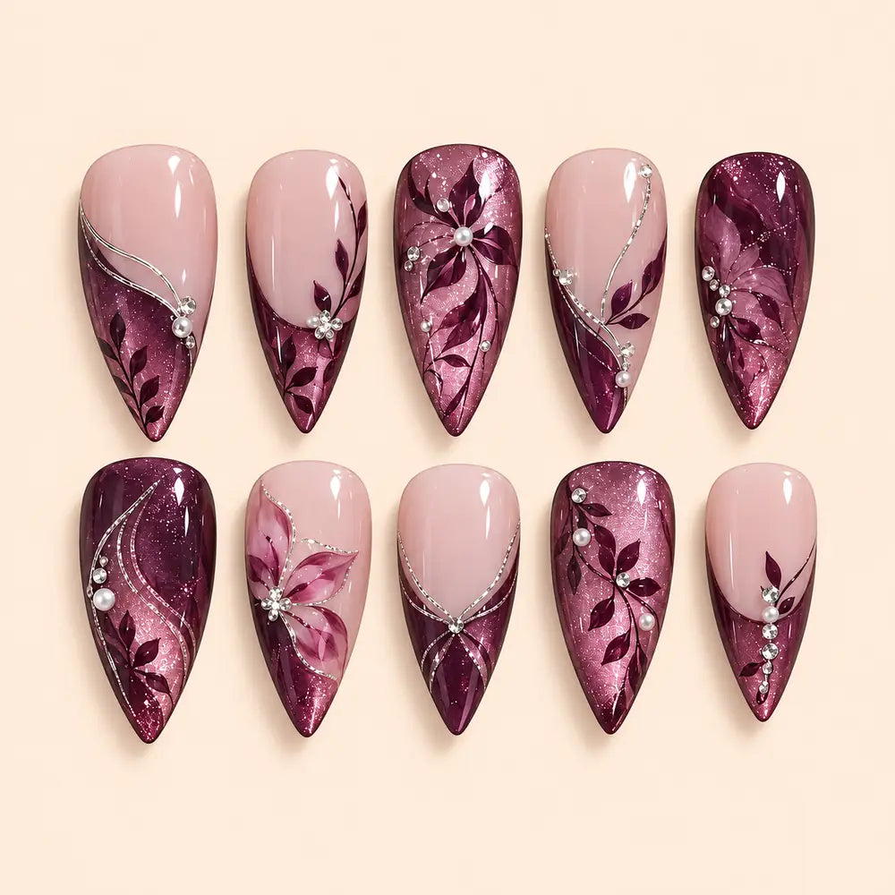 Burgundy Botanical Glitter Press On Nails — image 1